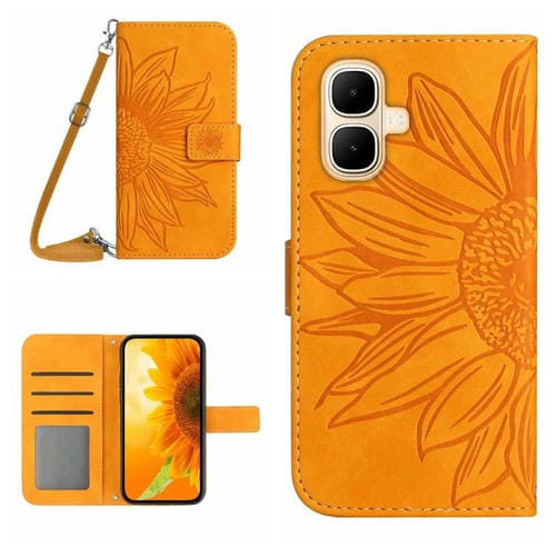Funda de cuero con tapa y cordón para Infinix Smart 10 4G / Tecno Pop 10, con diseño de girasol en relieve y tacto suave (amarilla)