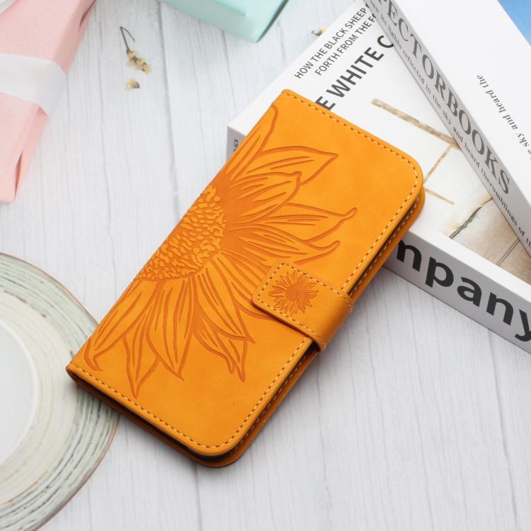 Funda de cuero con tapa y cordón para Infinix Smart 10 4G / Tecno Pop 10, con diseño de girasol en relieve y tacto suave (amarilla)