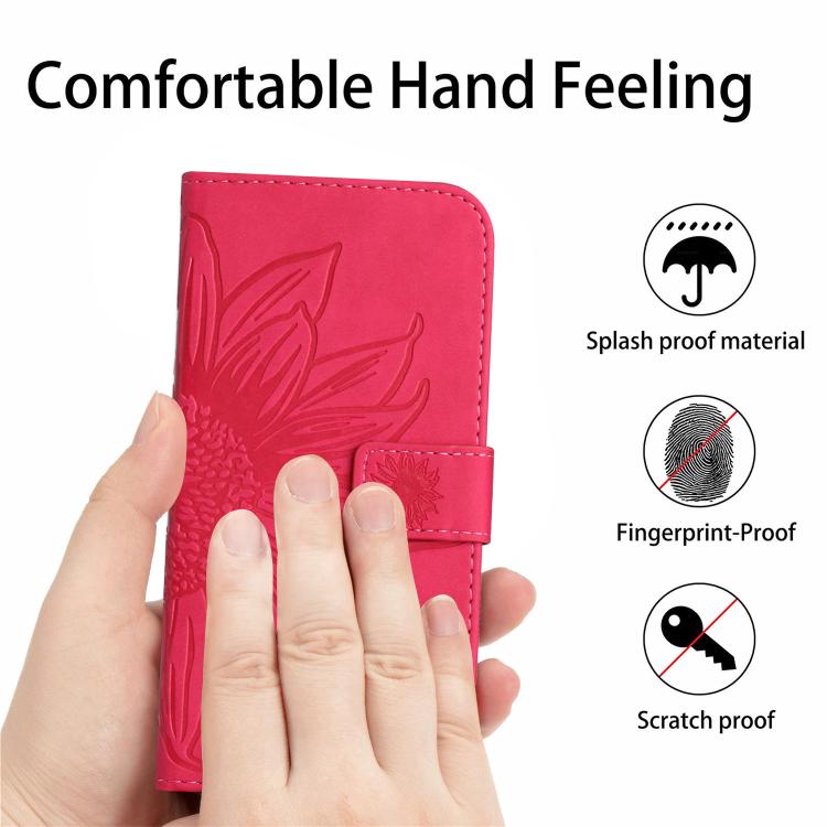 Funda de cuero con tapa y cordón para Infinix Smart 10 4G / Tecno Pop 10, con diseño de girasol en relieve y tacto suave (rosa rojo)