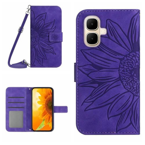 Funda de cuero con tapa y cordón para Infinix Smart 10 4G / Tecno Pop 10, con diseño de girasoles en relieve y tacto suave (morado oscuro)