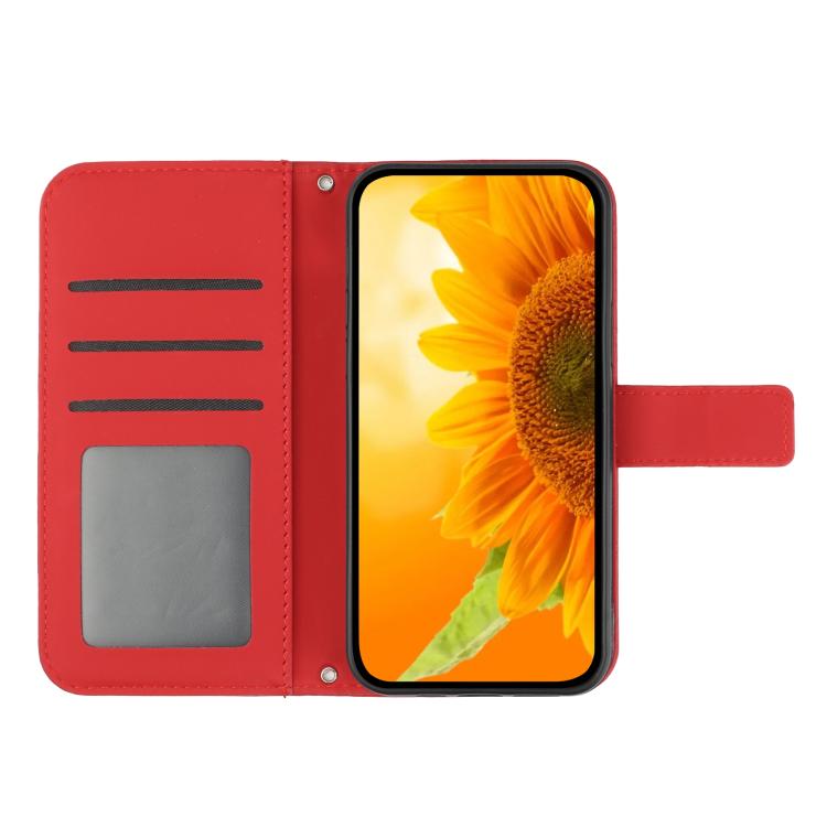 Funda de cuero con tapa y cordón para Infinix Smart 10 Plus 4G, con diseño de girasol en relieve y tacto suave (roja)