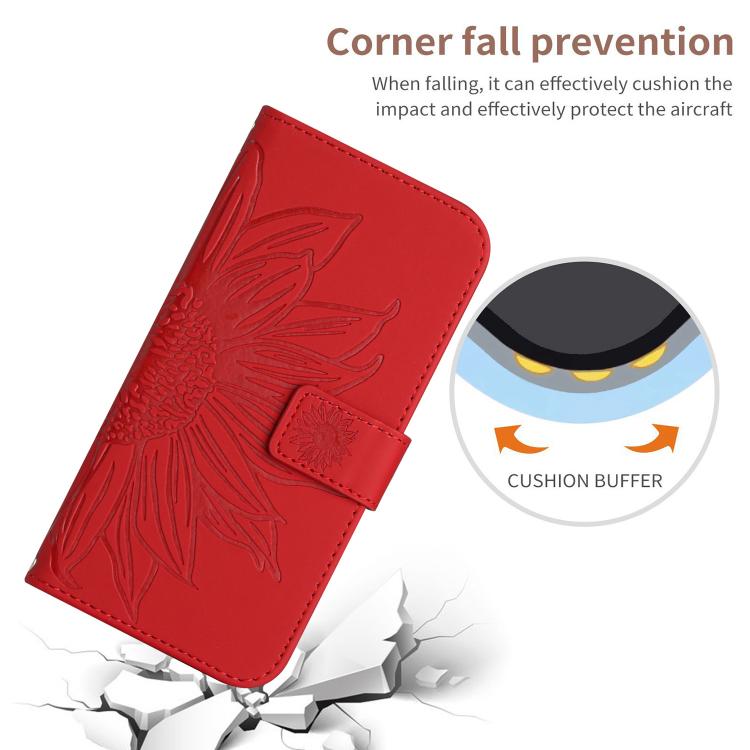 Funda de cuero con tapa y cordón para Infinix Smart 10 Plus 4G, con diseño de girasol en relieve y tacto suave (roja)