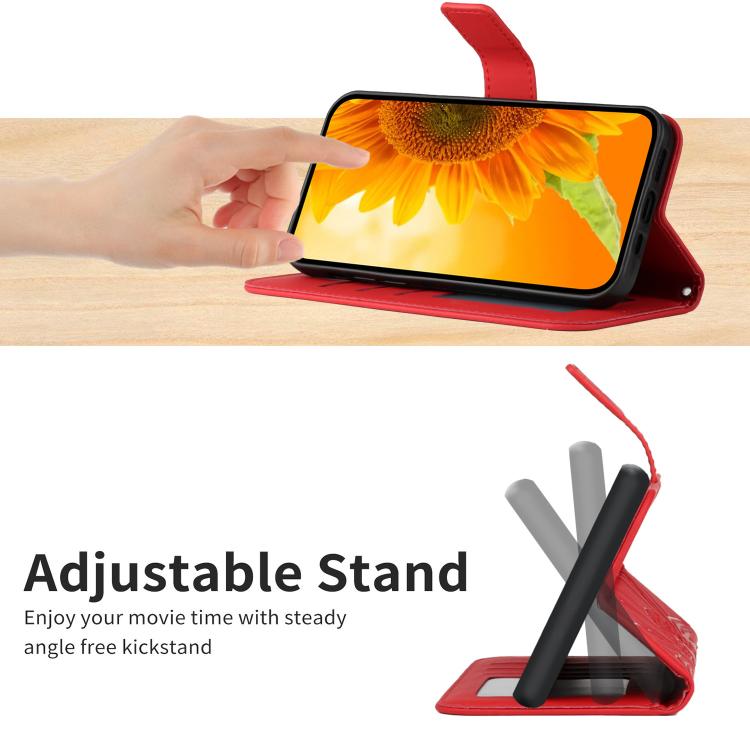 Funda de cuero con tapa y cordón para Infinix Smart 10 Plus 4G, con diseño de girasol en relieve y tacto suave (roja)