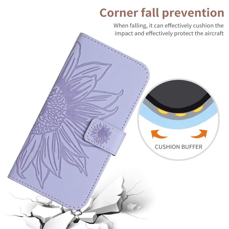 Funda de cuero con tapa y cordón para Infinix Smart 10 Plus 4G, con diseño de girasoles en relieve y tacto suave (morado)