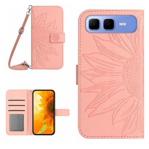 Funda de cuero con tapa y cordón para Infinix Smart 10 Plus 4G, con diseño de girasoles en relieve y tacto suave (rosa)