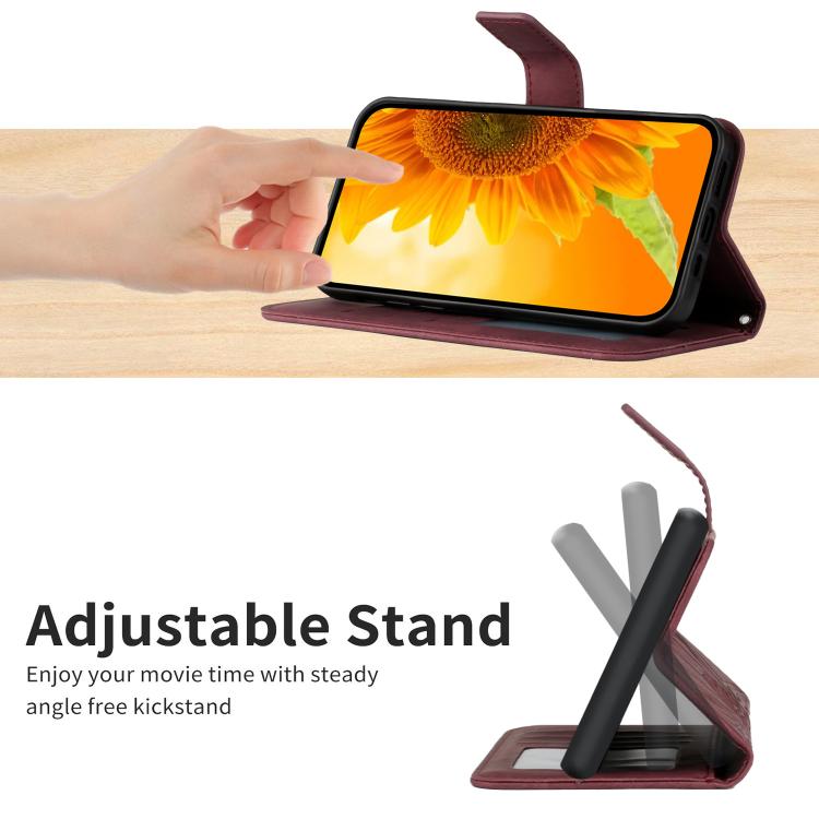Funda de cuero con tapa y cordón para Infinix Smart 10 Plus 4G, con diseño de girasoles en relieve y tacto suave (rojo vino)