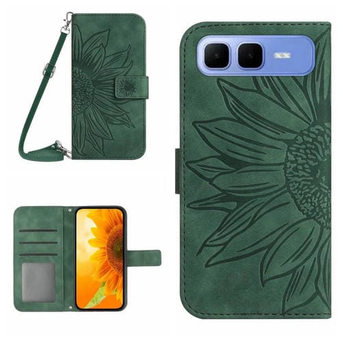 Funda de cuero con tapa y cordón para Infinix Smart 10 Plus 4G, con diseño de girasol en relieve y tacto suave (verde)