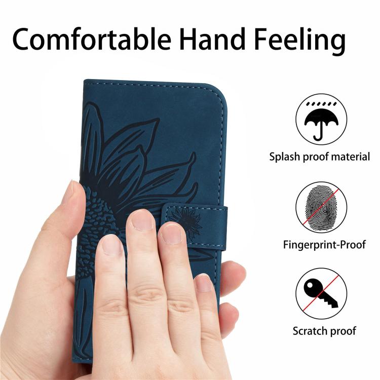 Funda de cuero con tapa y cordón para Infinix Smart 10 Plus 4G, con diseño de girasoles en relieve y tacto suave (azul tinta)