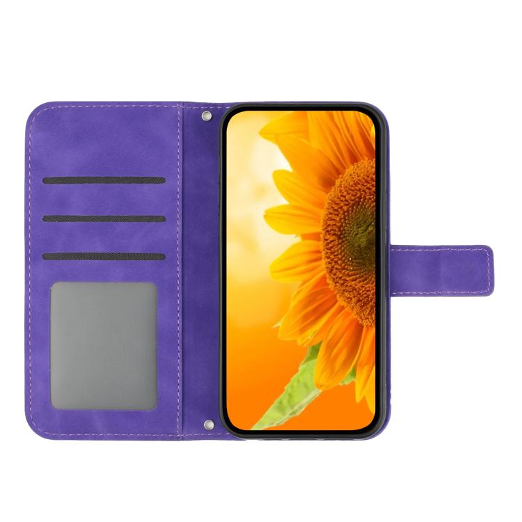 Funda de cuero con tapa y cordón para Infinix Smart 10 Plus 4G, con diseño de girasoles en relieve y tacto suave (morado oscuro)