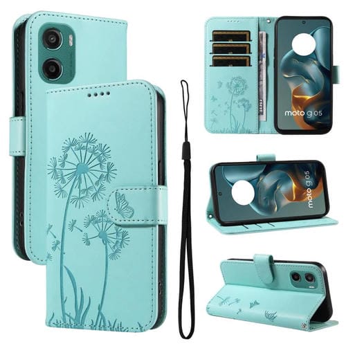 Funda de Cuero con Tapa para Motorola Moto G05 con Diseño Diente de León en Relieve (Verde)