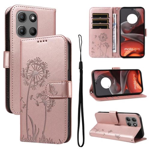 Funda de Cuero con Tapa para Motorola Moto G15 con Patrón en Relieve de Diente de León (Oro Rosa)
