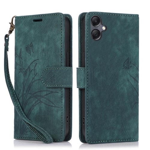 Funda de Cuero Samsung Galaxy A06 Relieve Mariposa y Orquídea (Verde)