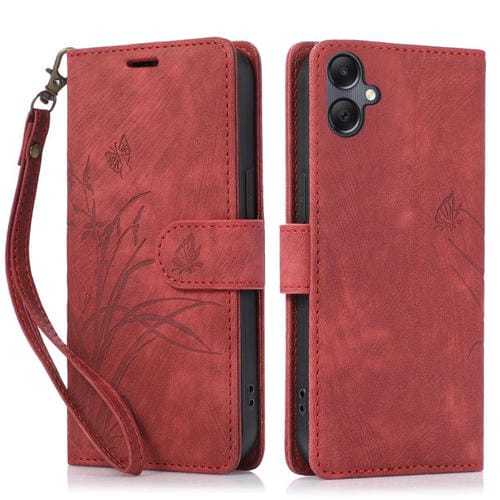 Funda de Cuero Samsung Galaxy A06 con Relieve Mariposa y Orquídea (Rojo)