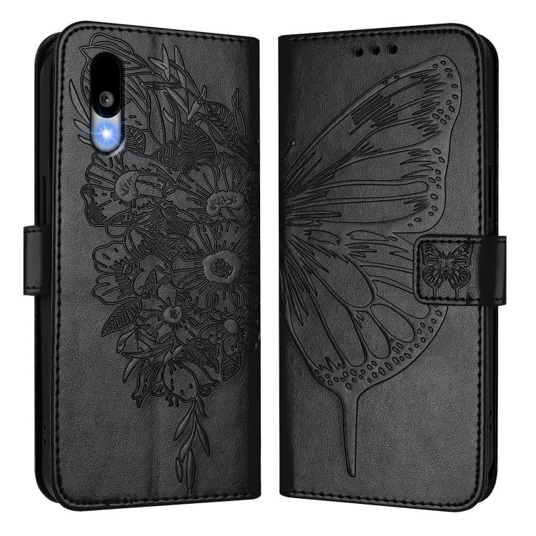 Funda de Cuero para Sharp Basio Active3 con Diseño de Mariposa en Relieve (Negra)