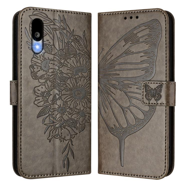 Funda de Cuero para Sharp Basio Active3 con Diseño de Mariposa en Relieve (Gris)