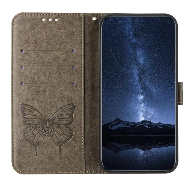 Funda de Cuero para Sharp Basio Active3 con Diseño de Mariposa en Relieve (Gris)