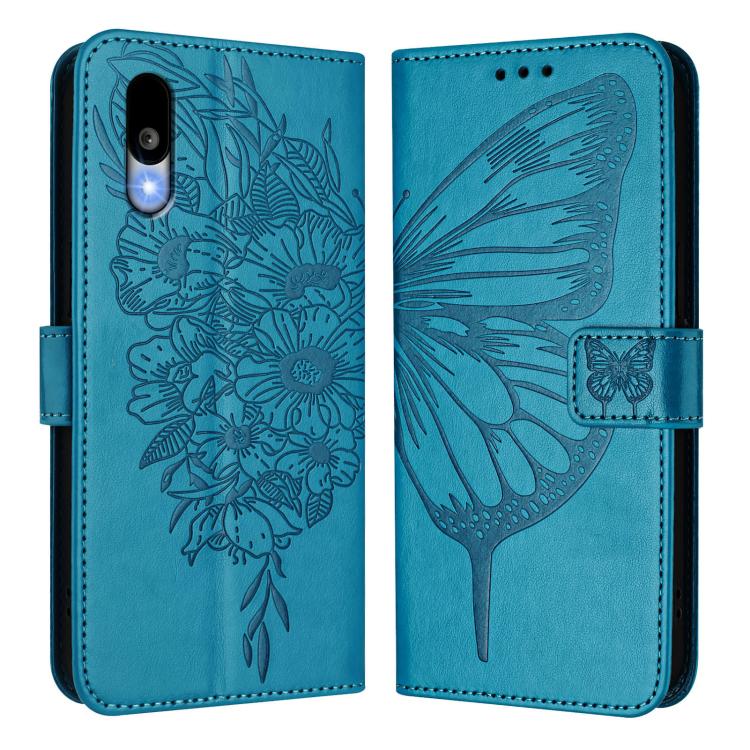 Funda de Cuero para Sharp Basio Active3 con Diseño de Mariposa En Relieve (Azul)