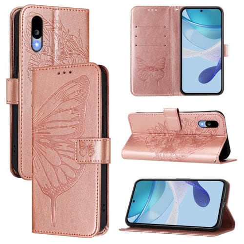 Funda de Cuero para Sharp Basio Active3 con Diseño de Mariposa En Relieve (Oro Rosa)