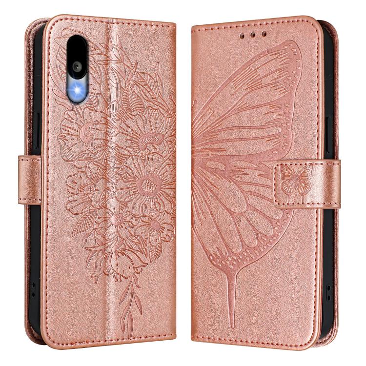 Funda de Cuero para Sharp Basio Active3 con Diseño de Mariposa En Relieve (Oro Rosa)
