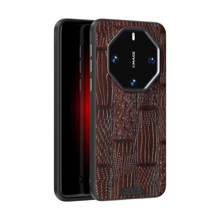 Funda de Piel Auténtica con Micrograbado 6D Diseño Abeel Beast para Huawei Mate 60 Rs Ultimate (Marrón)