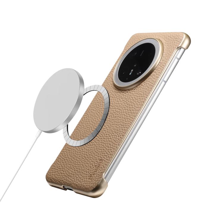 Funda de Cuero Genuino con Textura de Lichi Magsafe sin Marco para Huawei Mate 60 Pro Denior A20 (Caqui)