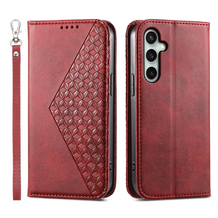 Funda de cuero magnético con textura de becerro y cuadrícula cúbica para Samsung Galaxy S25 FE 5G (rojo)