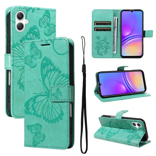 Funda de cuero con tapa y diseño de mariposas en relieve 3D para Samsung Galaxy A07 5G (verde)