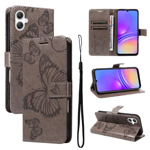 Funda de cuero con tapa y estampado de mariposas en relieve 3D para Samsung Galaxy A07 5G (gris)