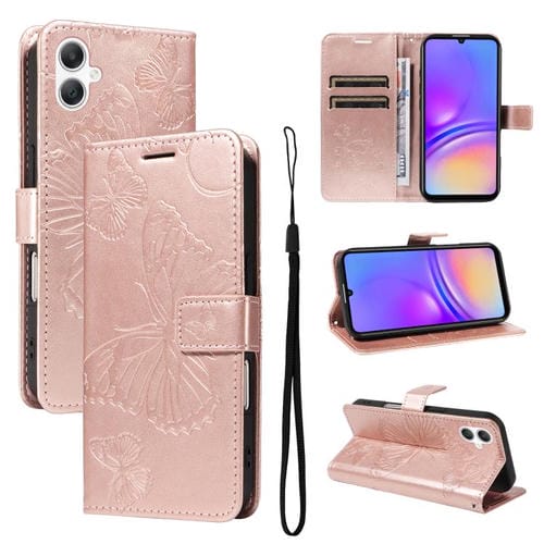 Funda de cuero con tapa y diseño de mariposas en relieve 3D para Samsung Galaxy A07 5G (oro rosa)