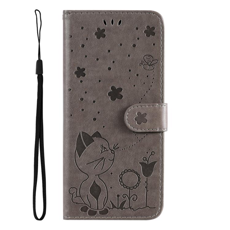 Funda de piel con tapa y diseño de gato y abeja para Samsung Galaxy A36 5G / M56 5G (gris)