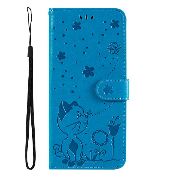 Funda de piel con tapa y diseño de gato y abeja para Samsung Galaxy A56 5G (azul)