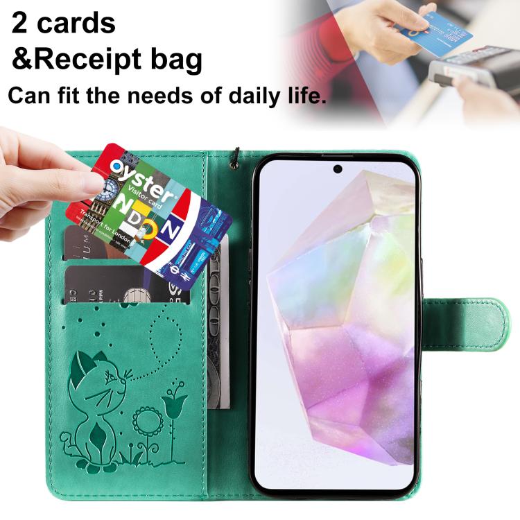 Funda de piel con tapa y diseño de gato y abeja para Samsung Galaxy A56 5G (verde)