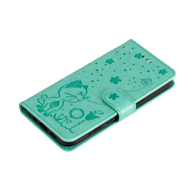 Funda de piel con tapa y diseño de gato y abeja para Samsung Galaxy A56 5G (verde)