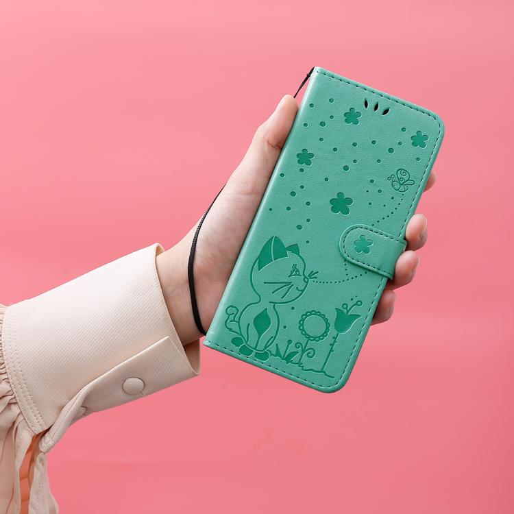 Funda de piel con tapa y diseño de gato y abeja para Samsung Galaxy A56 5G (verde)
