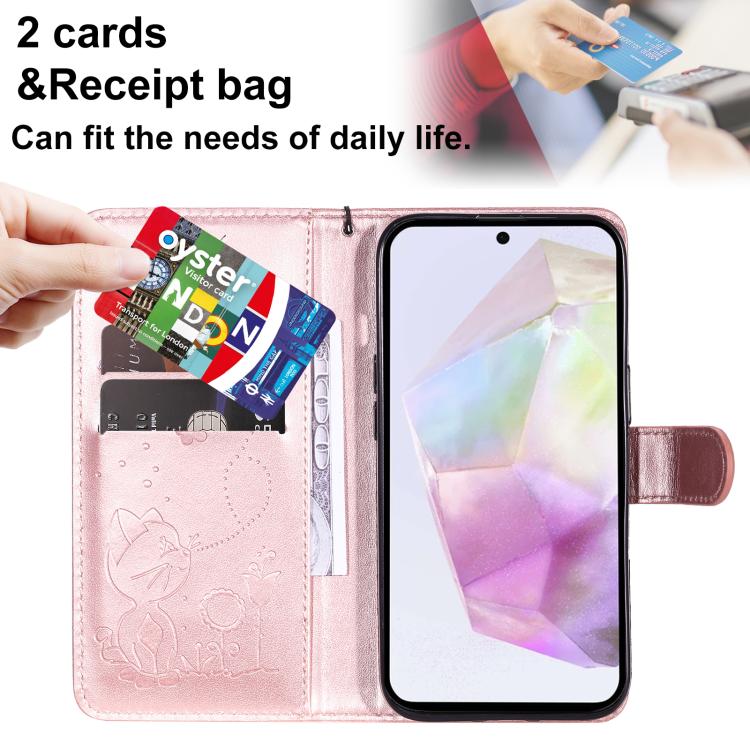 Funda de piel con tapa y diseño de gato y abeja para Samsung Galaxy A56 5G (oro rosa)