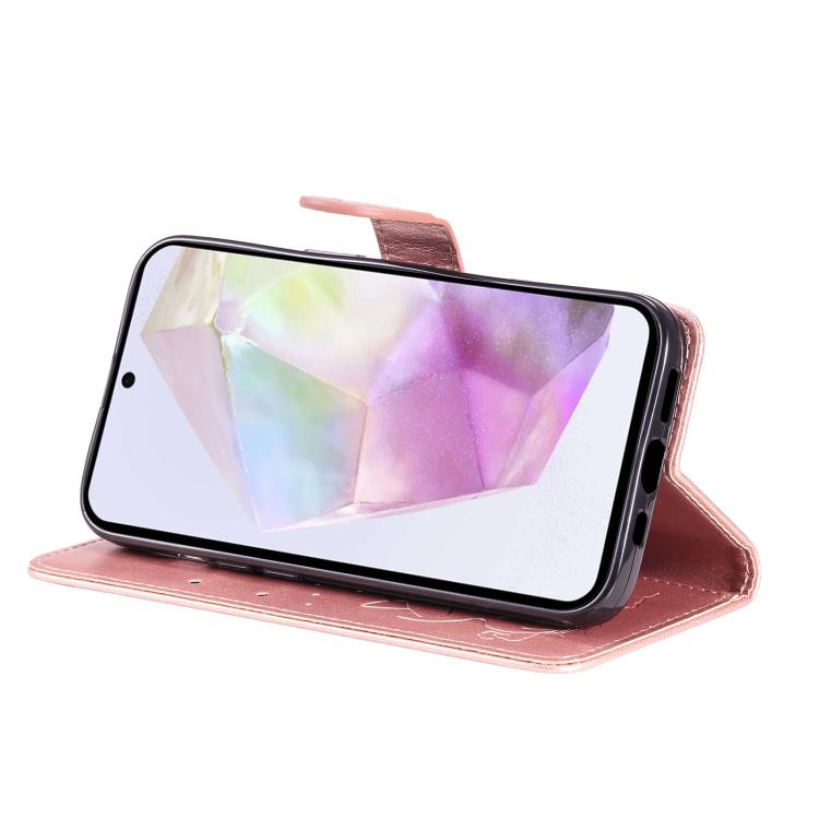 Funda de piel con tapa y diseño de gato y abeja para Samsung Galaxy A56 5G (oro rosa)