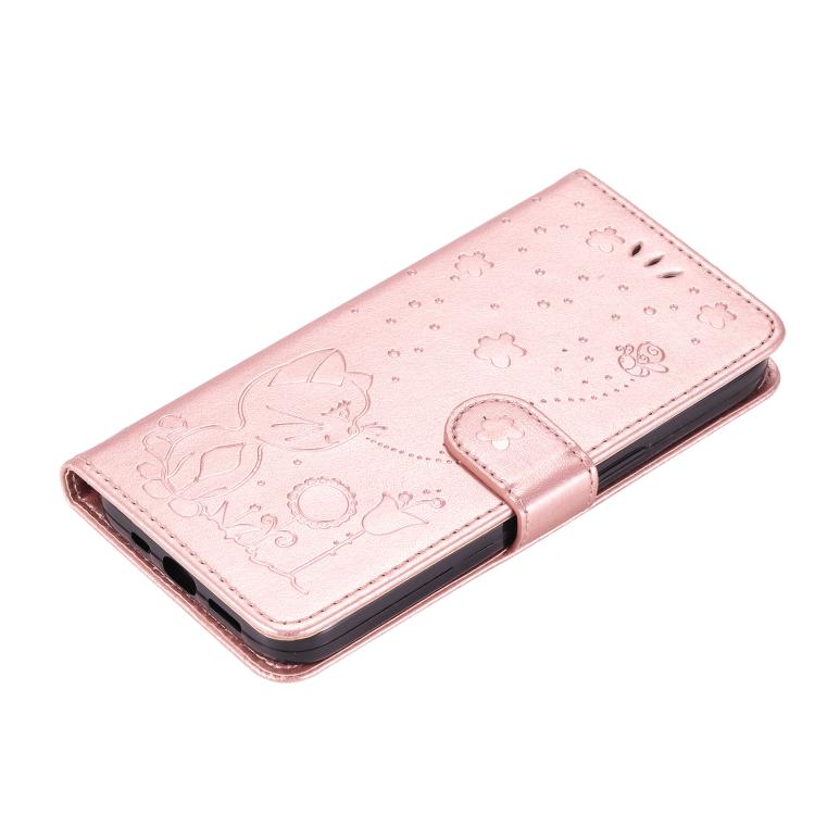 Funda de piel con tapa y diseño de gato y abeja para Samsung Galaxy A56 5G (oro rosa)