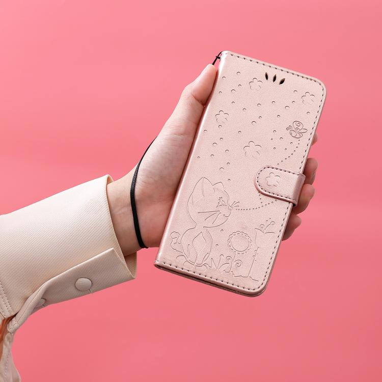 Funda de piel con tapa y diseño de gato y abeja para Samsung Galaxy A56 5G (oro rosa)