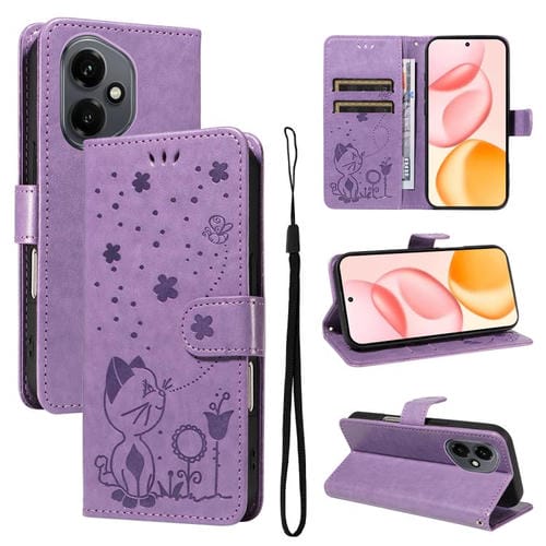 Funda de cuero con tapa para teléfono Honor 400 Global de 156,5 mm con diseño de gato y abeja (morado)