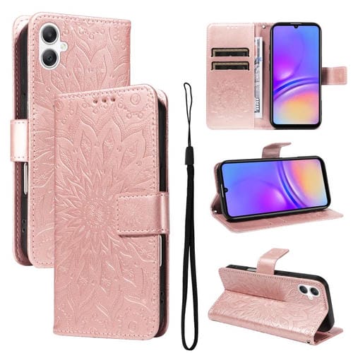 Funda de cuero con tapa y estampado de girasoles en relieve para Samsung Galaxy A07 5G (oro rosa)