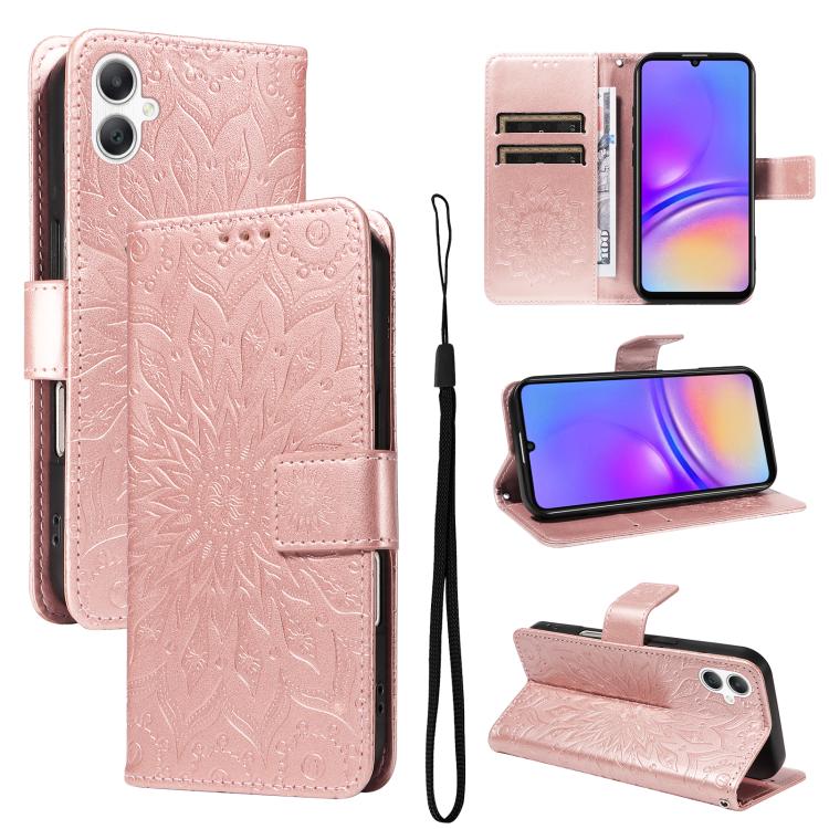 Funda de cuero con tapa y estampado de girasoles en relieve para Samsung Galaxy A07 5G (oro rosa)