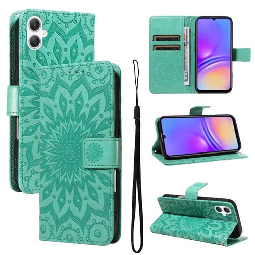 Funda de cuero con tapa y estampado de girasol en relieve para Samsung Galaxy A07 5G (verde)