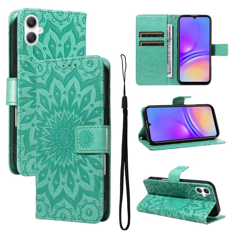 Funda de cuero con tapa y estampado de girasol en relieve para Samsung Galaxy A07 5G (verde)