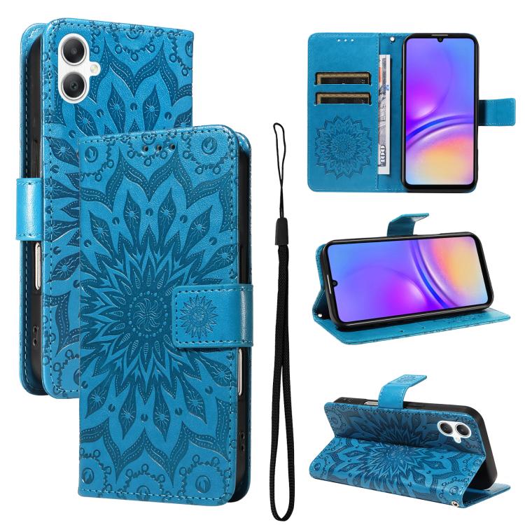 Funda de cuero con tapa y estampado de girasoles en relieve para Samsung Galaxy A07 5G (azul)