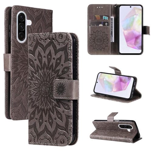 Funda de cuero con tapa y estampado de girasoles en relieve para Samsung Galaxy A36 5G / M56 5G (gris)