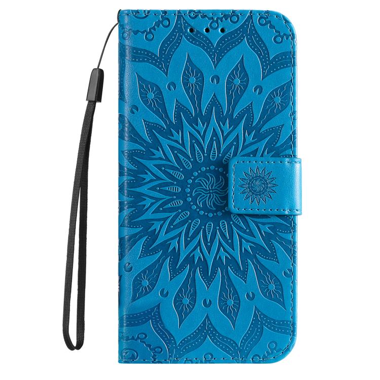 Funda de cuero con tapa y estampado de girasoles en relieve para Samsung Galaxy A36 5G / M56 5G (azul)
