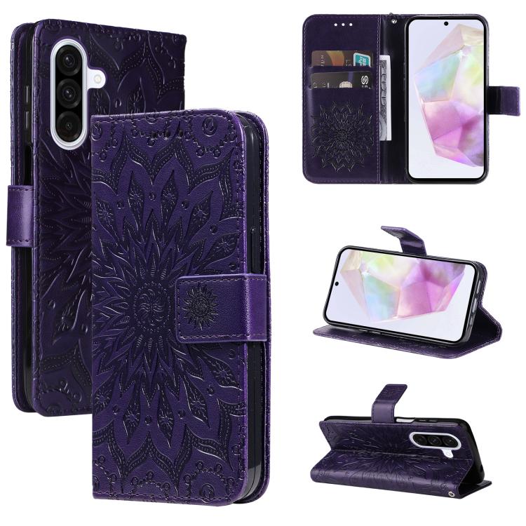 Funda de cuero con tapa y estampado de girasoles en relieve para Samsung Galaxy A56 5G (morado)