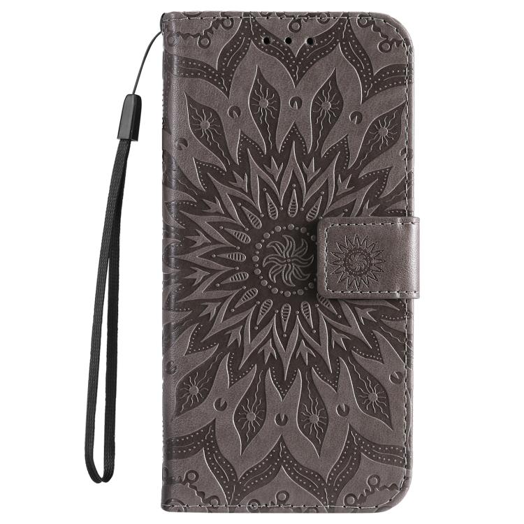 Funda de cuero con tapa y estampado de girasoles en relieve para Samsung Galaxy A56 5G (gris)