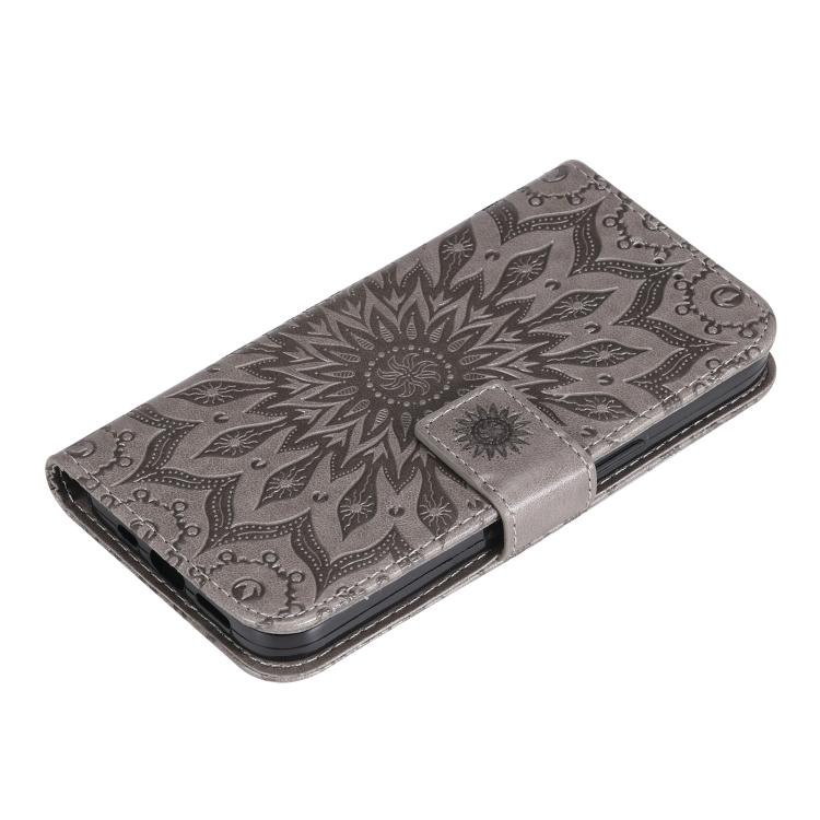 Funda de cuero con tapa y estampado de girasoles en relieve para Samsung Galaxy A56 5G (gris)