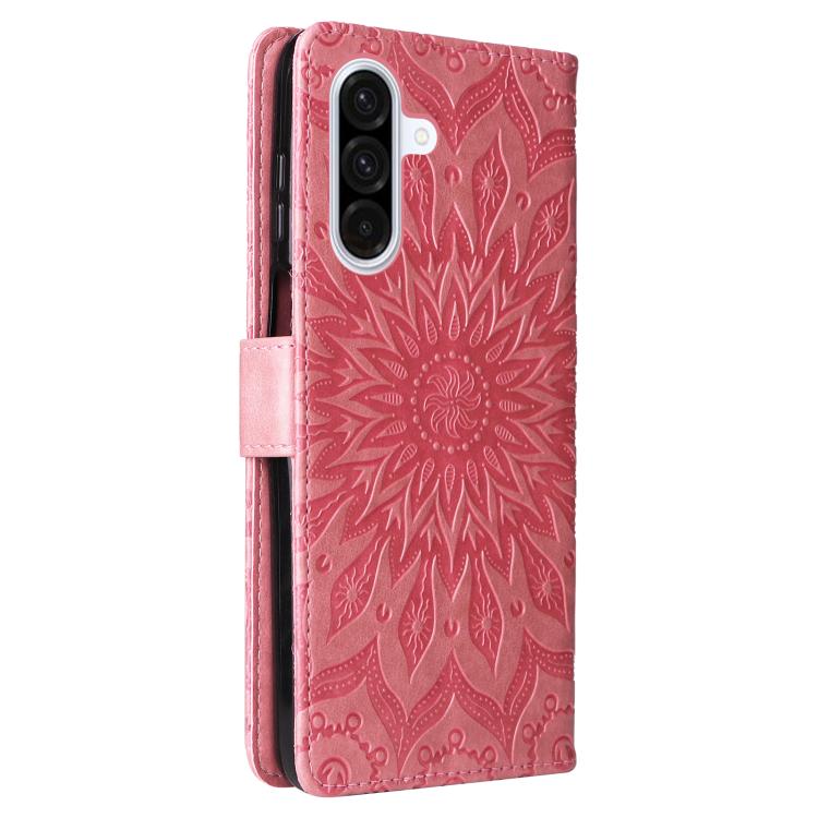 Funda de cuero con tapa y estampado de girasoles en relieve para Samsung Galaxy A56 5G (rosa)